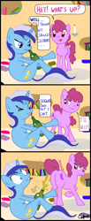 Size: 482x1174 | Tagged: safe, artist:colgatefim, berry punch, berryshine, minuette, earth pony, pony, unicorn, alcohol, anatomically incorrect, bedroom eyes, berrygate, book, bookshelf, bottle, butt, candle, champagne, comic, cork, dialogue, drink, female, golden oaks library, horn, incorrect leg anatomy, indoors, innuendo, lesbian, library, lidded eyes, mare, mouth hold, one-shot comic, plot, presenting, shipping, speech bubble, surprised, turning, wide eyes