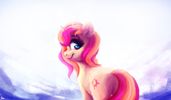 Size: 2700x1573 | Tagged: safe, artist:thefloatingtree, sunset shimmer, pony, unicorn, cutie mark, female, looking at you, looking back, looking back at you, mare, painting, rear view, solo