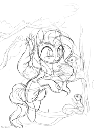 Size: 1110x1505 | Tagged: safe, artist:aureai-sketches, fluttershy, bird, pegasus, pony, squirrel, worm, female, floating, forest, happy, mare, monochrome, mouth hold, sketch, smiling, tree, tree branch, wip