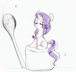Size: 831x781 | Tagged: safe, artist:aureai-sketches, rarity, pony, unicorn, :<, chest fluff, ear fluff, eyes closed, female, food, mare, marshmallow, simple background, sitting, sketch, solo, spoon, tiny ponies, white background