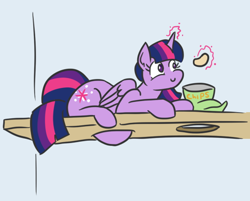 Size: 534x430 | Tagged: safe, artist:jargon scott, twilight sparkle, twilight sparkle (alicorn), alicorn, pony, belly, chips, chubby, female, food, mare, ponified animal photo, prone, solo