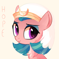 Size: 820x820 | Tagged: safe, artist:aureai, somnambula, pegasus, pony, bust, chest fluff, crown, ear fluff, female, happy, jewelry, mare, regalia, simple background, smiling, solo, wingless