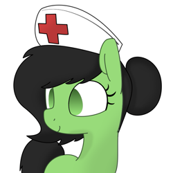 Size: 725x725 | Tagged: safe, artist:skitter, oc, oc only, oc:anon filly, pony, female, filly, hair bun, hat, no pupils, nurse, red cross, simple background, smiling, solo, white background