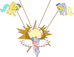 Size: 5552x4316 | Tagged: safe, artist:tensaioni, derpy hooves, pinkie pie, sunshower raindrops, earth pony, pegasus, pony, absurd resolution, cardboard, eyes closed, fake alicorn, fake celestia, fake horn, fake wings, female, flying, gritted teeth, mare, mouth hold, rope, simple background, smiling, spread wings, sun, transparent background, trio, trio female