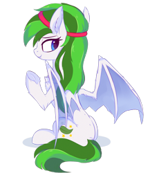 Size: 1584x1823 | Tagged: safe, artist:aureai-sketches, oc, oc only, oc:soothing leaf, bat pony, pony, accessories, chest fluff, cute, cute little fangs, dock, ear fluff, fangs, female, happy, hoof fluff, leg fluff, lidded eyes, long hair, looking back, mare, raised eyebrow, raised hoof, simple background, sitting, smiling, solo, spread wings, transparent background, wings