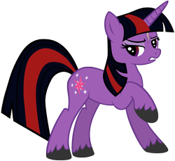 Size: 5000x4582 | Tagged: dead source, safe, artist:maximillianveers, twilight sparkle, unicorn twilight, oc, oc:twilight spark, pony, unicorn, absurd resolution, fanfic, female, frown, glare, gritted teeth, lidded eyes, looking back, mare, photoshop, raised hoof, scar, simple background, solo, the empty room, transparent background