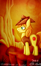 Size: 500x800 | Tagged: safe, artist:gamibrii, braeburn, earth pony, pony, over a barrel, desert, male, reflection, serious, serious face, solo, stallion, standing