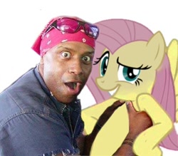 Size: 414x362 | Tagged: safe, fluttershy, human, pegasus, pony, duo, female, happy negro, irl, irl human, mare, meme, photo, photoshop, simple background, white background