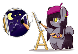 Size: 1280x885 | Tagged: safe, artist:dsp2003, oc, oc only, pegasus, pony, 2014, bipedal, canvas, chibi, commission, cute, female, hat, lifeloser-ish, moon, outline, pac-man, paintbrush, painting, simple background, stars, style emulation, transparent background