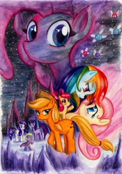 Size: 1200x1715 | Tagged: safe, artist:lavosvsbahamut, apple bloom, applejack, fluttershy, pinkie pie, rainbow dash, rarity, spike, twilight sparkle, dragon, earth pony, parasprite, pegasus, pony, unicorn, colored pencil drawing, coloured pencil, crossover, female, flutterdash, gel pen, lesbian, male, mane seven, mane six, mare, movie poster, parody, pencil, photoshop elements, poster, shipping, snow, star wars, the empire strikes back, traditional art, watercolor painting, watercolour