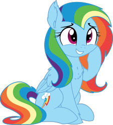 Size: 2500x2776 | Tagged: safe, artist:aureai-sketches, artist:cyanlightning, artist:slb94, rainbow dash, pegasus, pony, alternate hairstyle, care mare, chest fluff, cute, dashabetes, female, girly, mare, raised hoof, simple background, sitting, smiling, solo, tomboy taming, transparent background