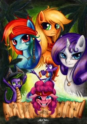 Size: 800x1131 | Tagged: safe, artist:lavosvsbahamut, applejack, pinkie pie, rainbow dash, rarity, spike, steven magnet, dragon, earth pony, pegasus, pony, sea serpent, unicorn, colored pencil drawing, coloured pencil, crossover, female, gel pen, male, mare, movie poster, parody, pencil, photoshop elements, pirate, pirates of the caribbean, poster, shipping, traditional art, watercolor painting, watercolour