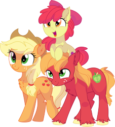 Size: 7597x8362 | Tagged: safe, artist:aureai-sketches, artist:cyanlightning, apple bloom, applejack, big macintosh, earth pony, pony, .svg available, absurd resolution, adorabloom, apple family, big eyes, bow, brother and sister, cheek fluff, chest fluff, cute, ear fluff, family, female, filly, floppy ears, fluffy, freckles, hair bow, hat, jackabetes, leg fluff, looking up, macabetes, male, mare, missing accessory, open mouth, ponies riding ponies, pony hat, raised leg, siblings, simple background, smiling, stallion, transparent background, unshorn fetlocks, vector