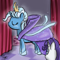 Size: 900x900 | Tagged: dead source, safe, artist:speccysy, rarity, trixie, pony, unicorn, alternate hairstyle, aura, cap, clothes, colored pupils, crown, dress, duo, duo female, eyes closed, female, gala dress, hat, mare