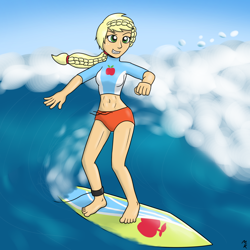 Size: 1280x1280 | Tagged: safe, artist:mkogwheel, applejack, equestria girls, barefoot, belly button, clothes, drawthread, equestria girls minis, feet, hatless, midriff, missing accessory, solo, surfboard, surfing, swimsuit