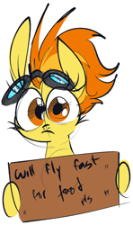 Size: 787x1332 | Tagged: safe, artist:hattsy, spitfire, pegasus, pony, cutefire, female, frown, goggles, hoof hold, hungry, looking at you, mare, pls, sign, simple background, solo, white background, wide eyes, will x for y