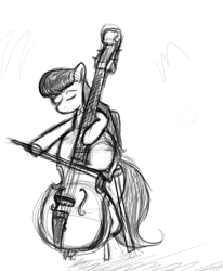 Size: 677x822 | Tagged: safe, artist:enma-darei, octavia melody, earth pony, pony, black and white, bow (instrument), classy, contrabass, double bass, female, grayscale, mare, monochrome, musical instrument, simple background, sketch, solo, stool, white background