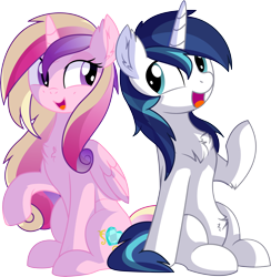 Size: 6649x6825 | Tagged: safe, artist:aureai-sketches, artist:cyanlightning, princess cadance, shining armor, alicorn, pony, unicorn, .svg available, absurd resolution, chest fluff, cute, cutedance, ear fluff, female, folded wings, lidded eyes, looking at each other, male, mare, missing accessory, open mouth, shiningcadance, shipping, simple background, sitting, smiling, stallion, straight, transparent background, vector, wings