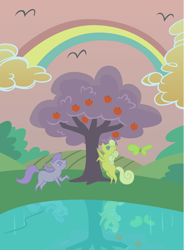 Size: 1450x1975 | Tagged: safe, artist:capt-nemo, bird, butterfly, earth pony, pony, winter wrap up, apple, apple tree, blank flank, cloud, cloudy, cmyk, duo, female, food, grape oasis, lake, lime paradise, mare, picture, rainbow, raised leg, rearing, reflection, tree, water