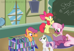 Size: 1800x1238 | Tagged: dead source, safe, artist:egophiliac, apple bloom, cheerilee, scootaloo, sweetie belle, butterfly, earth pony, pegasus, pony, unicorn, call of the cutie, adorabloom, apple, apple bloom's bow, book, book fort, book hat, bow, chalk, chalkboard, cheeribetes, classroom, colored pupils, curtains, cute, cutealoo, cutie mark crusaders, diasweetes, female, filly, foal, food, globe, hair bow, heart, mare, story time, window, writing