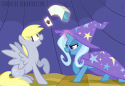 Size: 1800x1238 | Tagged: dead source, safe, artist:egophiliac, derpy hooves, trixie, pegasus, pony, unicorn, boast busters, card, colored pupils, cute, derpabetes, diatrixes, duo, duo female, female, food, glowing horn, levitation, lidded eyes, magic, magic show, magic trick, mare, mischievous, muffin, open mouth, raised hoof, shadow, smiling, telekinesis