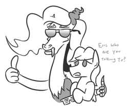 Size: 459x385 | Tagged: safe, artist:jargon scott, butterscotch, discord, eris, fluttershy, draconequus, pegasus, pony, dialogue, female, grayscale, grin, hover hand, hug, male, monochrome, rule 63, simple background, smiling, stallion, sunglasses, thumbs up, white background