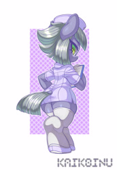 Size: 2064x3000 | Tagged: safe, artist:kaikoinu, limestone pie, earth pony, pony, bipedal, clipboard, female, looking back, mare, nurse, nurse outfit, simple background, solo, white background