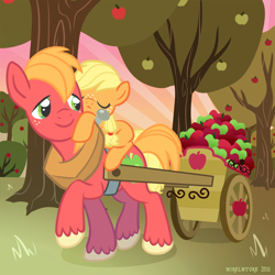Size: 900x900 | Tagged: safe, artist:katiesketch, applejack, big macintosh, earth pony, pony, apple, blank flank, brother and sister, carrying, cart, cute, duo, female, filly, foal, food, jackabetes, laying on top of someone, lying down, macabetes, male, ponies riding ponies, riding, sleeping, stallion, tree, younger