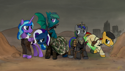 Size: 2600x1489 | Tagged: safe, artist:brisineo, oc, oc only, oc:chrome alum, oc:danaus(acheron), oc:jade nocturne, oc:midnight(moonshower), oc:obsidia, alicorn, bat pony, changeling, unicorn, fallout equestria, armor, digital art, fallout, female, male, mare, stallion, traditional art