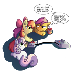 Size: 600x600 | Tagged: safe, artist:butterscotch25, apple bloom, scootaloo, sweetie belle, earth pony, pegasus, pony, unicorn, apple bloom's bow, bored, bow, console, cutie mark crusaders, dialogue, female, filly, hair bow, lidded eyes, looking at each other, playing video games, prone, scootaloo will show us games to play, simple background, sitting, soda, speech bubble, tongue out, transparent background, trio, trio female, underhoof, video game