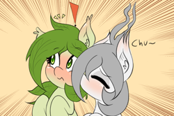 Size: 2064x1373 | Tagged: safe, artist:freefraq, oc, oc only, oc:flower, oc:lai chi, bat pony, bat pony oc, blushing, chu, cute, female, kissing, lesbian