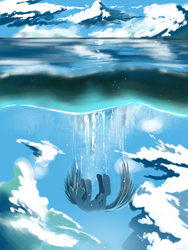 Size: 1200x1600 | Tagged: dead source, safe, artist:swaetshrit, dj pon-3, vinyl scratch, pony, unicorn, cloud, cloudy, diving, falling, female, mare, ocean, sinking, sky, solo, surreal, water, wet