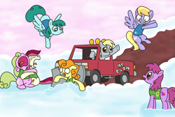 Size: 2322x1557 | Tagged: safe, artist:kukimao, berry punch, berryshine, carrot top, cloud kicker, daisy, derpy hooves, flower wishes, golden harvest, roseluck, spring melody, sprinkle medley, earth pony, pegasus, pony, winter wrap up, background pony, clothes, crossover, derpy driving, dirt, driving, female, flying, mare, mr. plow, ovapowa'd plow!, parody, plant team, riding, snow, the horror, the simpsons, this will end in tears, truck, vest, weather team, winter wrap up vest