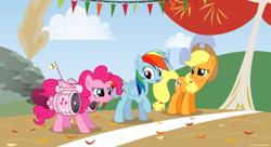 Size: 1980x1080 | Tagged: safe, artist:larsurus, applejack, pinkie pie, rainbow dash, earth pony, pegasus, pony, fall weather friends, adobe illustrator, cheating, female, jet, jet engine, jetpack, mare, race, running of the leaves, silly, silly pony, trio, trio female, turbine, wallpaper