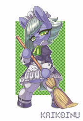 Size: 2064x3000 | Tagged: safe, artist:kaikoinu, limestone pie, earth pony, pony, bipedal, broom, clothes, female, maid, mare, simple background, solo, white background