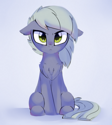 Size: 1119x1252 | Tagged: safe, artist:aureai, limestone pie, earth pony, pony, :<, angry, annoyed, chest fluff, cute, ear fluff, female, floppy ears, fluffy, frown, glare, limabetes, looking at you, mare, simple background, sitting, solo, stare, white background