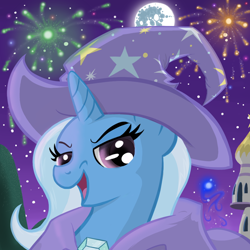 Size: 1000x1000 | Tagged: dead source, safe, artist:arcum89, trixie, pony, unicorn, boast busters, building, canterlot, female, fireworks, looking at you, mare, mare in the moon, moon, night, open mouth, pi, sky, smiling, solo, trixie's cape, trixie's hat