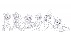 Size: 2000x1166 | Tagged: safe, artist:kaikoinu, limestone pie, semi-anthro, armpits, bipedal, broom, bunny ears, bunny suit, cheerleader, cheongsam, clothes, female, grayscale, looking at you, looking back, looking back at you, maid, mare, monochrome, nurse, one eye closed, open mouth, plate, pom pom, simple background, smiling, waitress