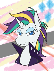 Size: 391x512 | Tagged: safe, artist:jargon scott, rarity, pony, unicorn, it isn't the mane thing about you, abstract background, alternate hairstyle, bust, clothes, female, lidded eyes, looking at you, mare, mohawk, no pupils, portrait, raripunk, smiling, solo