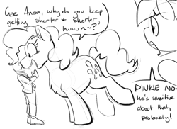 Size: 1100x800 | Tagged: safe, artist:goat train, pinkie pie, twilight sparkle, oc, oc:anon, human, pony, dialogue, macro, micro, monochrome, size difference, sketch, uncouth