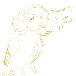 Size: 700x700 | Tagged: safe, artist:goat train, fluttershy, bird, birdified, dialogue, monochrome, nervous, sketch, solo, species swap