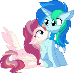Size: 6799x6658 | Tagged: safe, artist:aureai-sketches, artist:cyanlightning, oc, oc:aureai, oc:cyan lightning, pegasus, pony, unicorn, .svg available, absurd resolution, best friends, chest fluff, clothes, cute, duo, ear fluff, eyes closed, female, looking at each other, male, mare, older, scarf, shipping, simple background, sitting, smiling, spread wings, stallion, straight, transparent background, underhoof, vector, wings