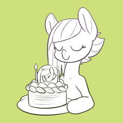 Size: 1800x1800 | Tagged: safe, artist:kaikoinu, limestone pie, earth pony, pony, birthday, birthday cake, bust, cake, eyes closed, female, food, green background, mare, simple background, smiling, solo