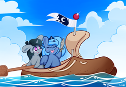 Size: 1330x920 | Tagged: safe, alternate version, artist:dsp2003, princess luna, oc, oc:coldfront, alicorn, pony, unicorn, :o, blushing, boat, characters inside shoes, chibi, cute, eyes closed, female, filly, happy, lifeloser-ish, lunabetes, oar, ocean, open mouth, s1 luna, shoes, smiling, style emulation, sword, woona