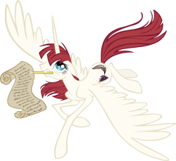 Size: 4222x3870 | Tagged: dead source, safe, artist:draikjack, artist:lauren faust, oc, oc only, oc:fausticorn, alicorn, pony, alicorn oc, female, lauren faust, mare, mouth hold, pencil, photoshop, scroll, simple background, solo, transparent background