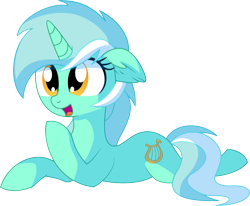 Size: 7342x6050 | Tagged: safe, artist:aureai-sketches, artist:cyanlightning, lyra heartstrings, pony, unicorn, .svg available, absurd resolution, cute, ear fluff, female, lying down, lyrabetes, mare, open mouth, prone, simple background, smiling, solo, transparent background, vector
