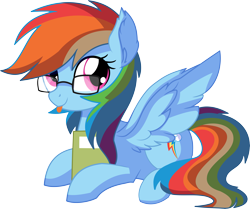Size: 7055x5903 | Tagged: safe, artist:aureai-sketches, artist:cyanlightning, rainbow dash, pegasus, pony, .svg available, :p, absurd resolution, adorkable, book, cute, dashabetes, dork, ear fluff, egghead dash, female, glasses, mare, nerd, prone, silly, simple background, sitting, smiling, solo, spread wings, tongue out, transparent background, vector, wings