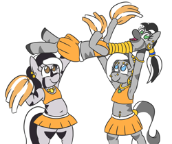 Size: 938x788 | Tagged: safe, artist:jargon scott, oc, oc only, pony, semi-anthro, zebra, armpits, belly button, bellyring, bipedal, cheerleader, chubby, clothes, ear piercing, earring, eyebrow piercing, female, jewelry, looking up, mare, midriff, necklace, nose piercing, nose ring, open mouth, piercing, simple background, skirt, smiling, white background, zebra oc