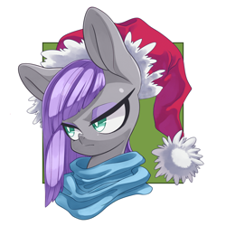 Size: 3000x3000 | Tagged: safe, artist:kaikoinu, artist:thepolymath, edit, maud pie, earth pony, pony, blushing, bust, christmas, clothes, cute, female, hat, holiday, looking away, mare, portrait, santa hat, scarf, simple background, solo, white background