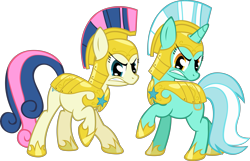 Size: 6225x4000 | Tagged: safe, artist:spaceponies, bon bon, lyra heartstrings, sweetie drops, earth pony, pony, unicorn, absurd resolution, angry, armor, duo, duo female, female, helmet, mare, raised hoof, raised leg, royal guard armor, simple background, transparent background, war face